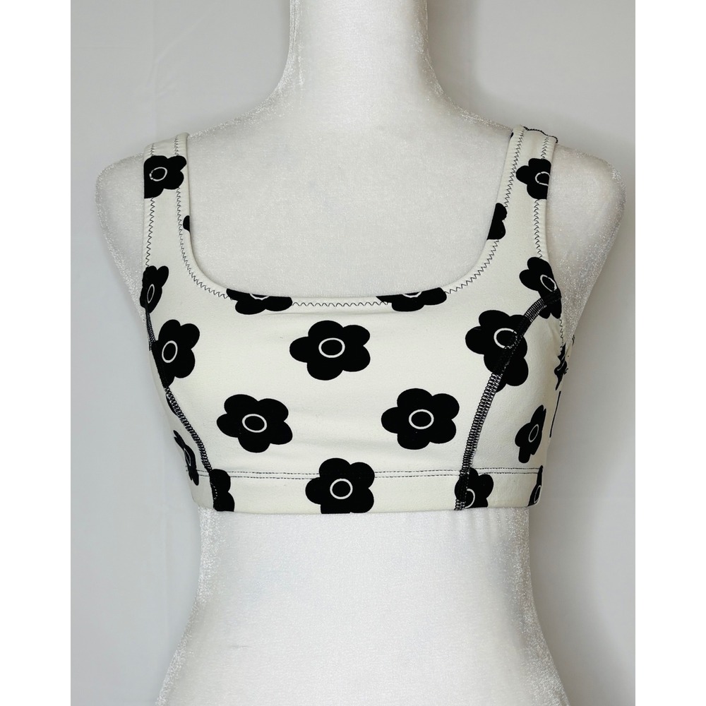 Gigi C Sport Bra Floral Square Neck Crop Top XS White Black Womens